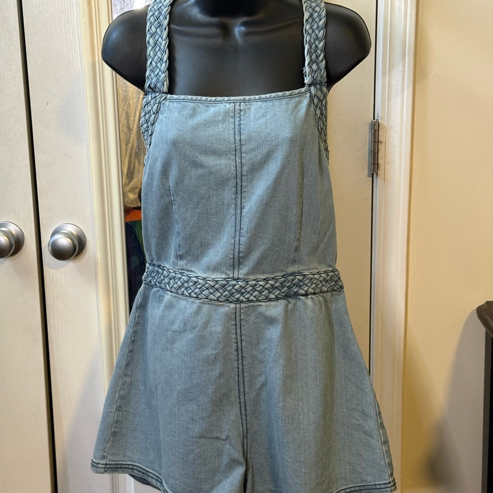Free People Denim Romper with Braided Straps